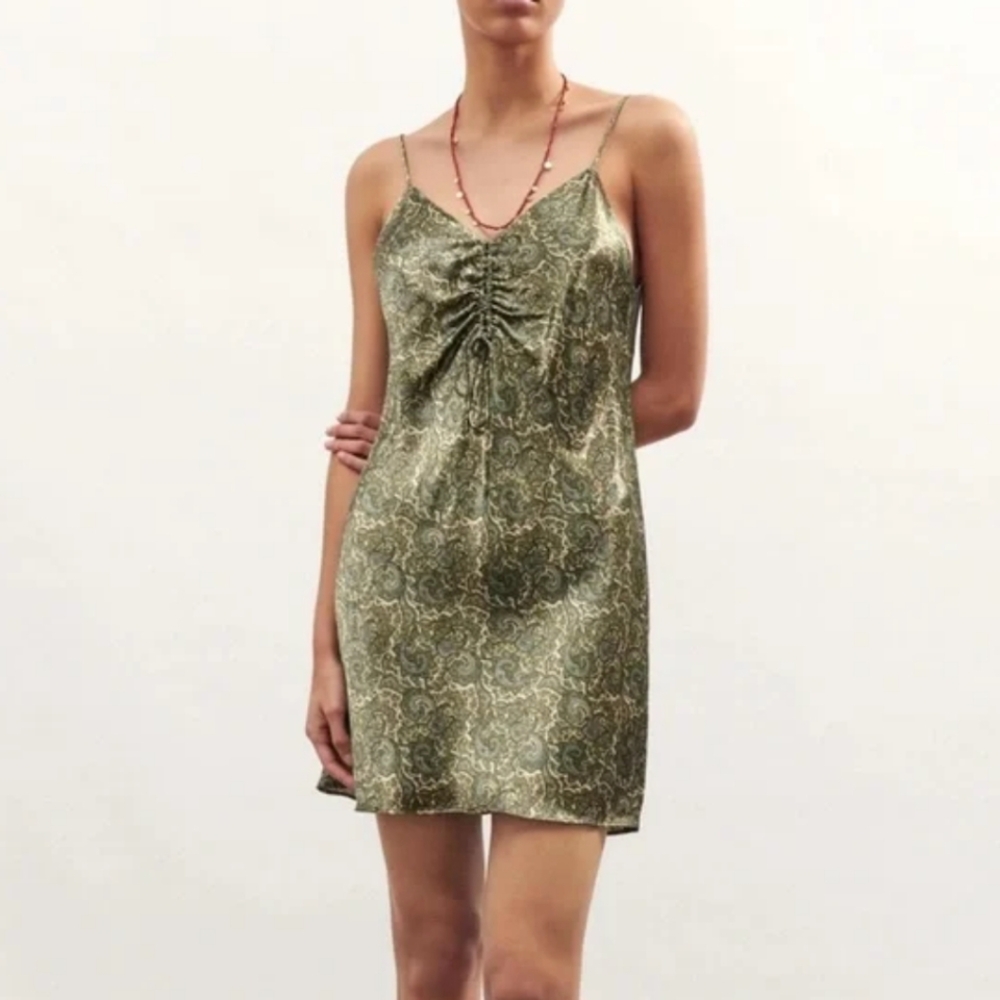Zara sz M 90s style green gold paisley satin v neck spaghetti strap slip dress